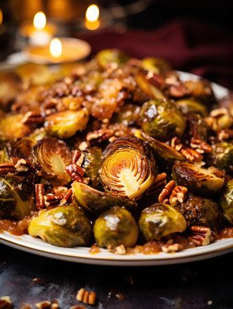 Roasted brussels sprouts with pecan nuts and honey.の素材