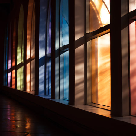 Colorful stained glass windows in the interior of a modern building.の素材
