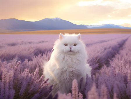 White fluffy cat in lavender field at sunset. 3d renderingの素材