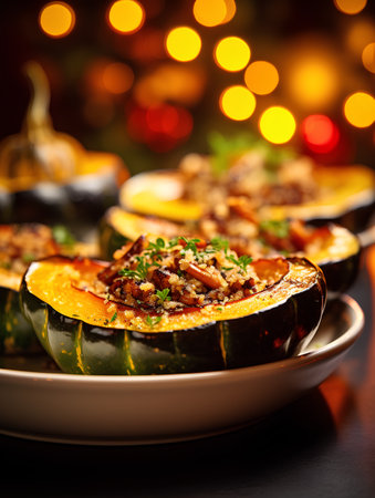 Baked pumpkin stuffed with meat and vegetables. Bokeh background.の素材