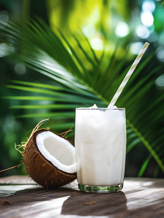 Coconut milk in a glass on a wooden table with palm leaves backgroundの素材