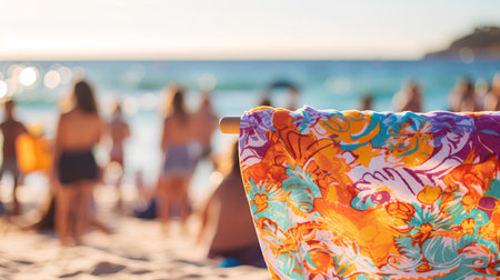 Colorful beach towel on the beach. Blurred background. Selective focusの素材