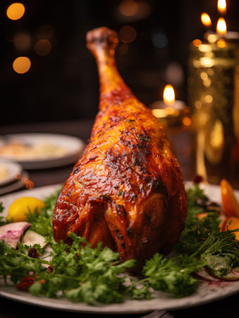 Roast duck leg with garnish on a festive table. Selective focus.の素材
