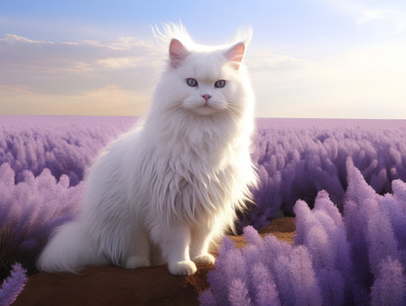 White cat in the lavender field. 3D render. Fantasy.の素材