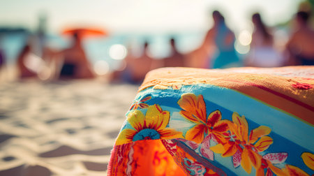 Colorful beach towel on the background of the sea. Selective focus.の素材