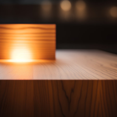 wooden table in front of a blurred background with a light bulbの素材