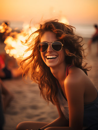 Beautiful young woman in sunglasses on the beach at sunset. Vacation concept.の素材