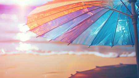 Colorful umbrella on the beach - vintage filter and sunflare effectの素材