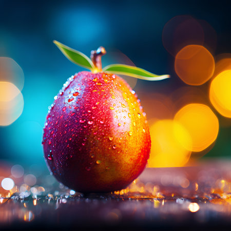 Fresh juicy pear with water drops on a wooden table on a bokeh backgroundの素材
