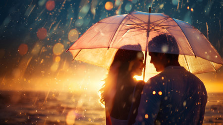 Young couple in love kissing under an umbrella on the beach at sunsetの素材