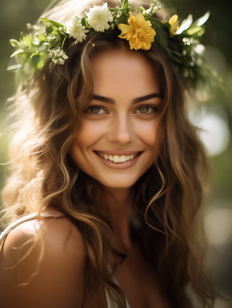 Outdoors portrait of beautiful young woman with wreath of flowers on her headの素材