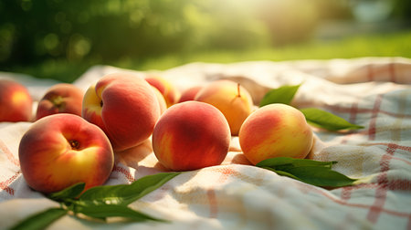 Fresh ripe peaches on tablecloth in garden. Selective focusの素材