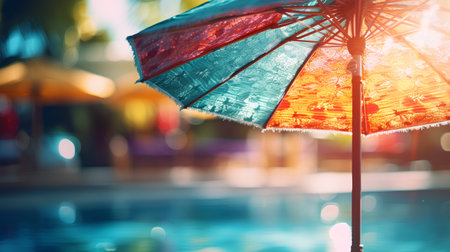 Colorful umbrella on swimming pool background. Vintage filter effect applied.の素材