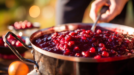 Fresh homemade cranberry jam in a metal bowl. Selective focus.の素材