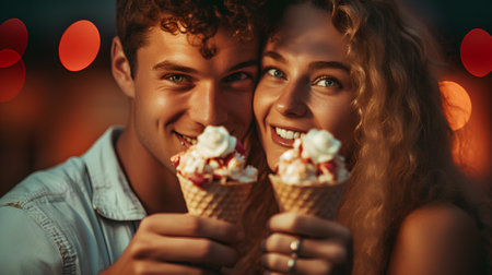 Portrait of happy young couple with ice cream in waffle cones.の素材