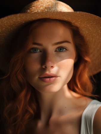 Portrait of a beautiful young redhead woman with freckles in a straw hatの素材