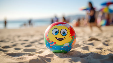 Colorful easter egg with happy face on sandy beach with people in backgroundの素材