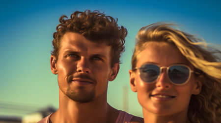 Portrait of young couple in love on the beach at sunset.の素材