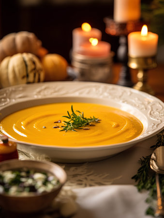 Pumpkin soup with cream and herbs in a rustic styleの素材