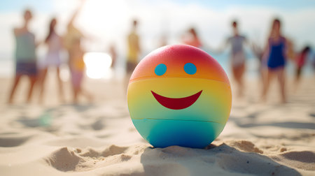 Smiling Easter Egg on the Beach. Happy People on the Backgroundの素材
