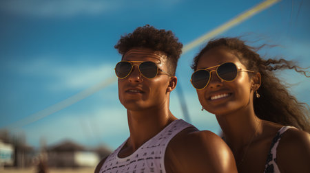 Portrait of a young african american couple in sunglasses on the beachの素材