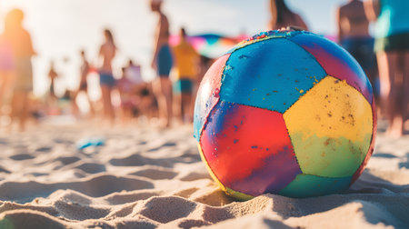 Colorful beach ball on the sand with blurred people on the backgroundの素材