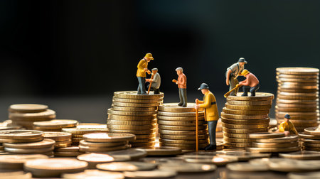 Miniature people : Worker team climbing on stack of coins, business and financial concept.の素材