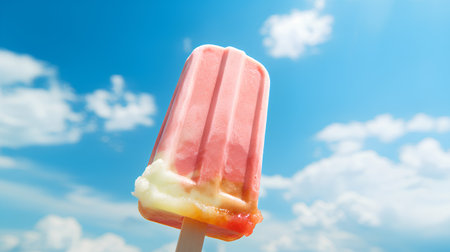 Fruit ice cream popsicle on blue sky background. Summer conceptの素材