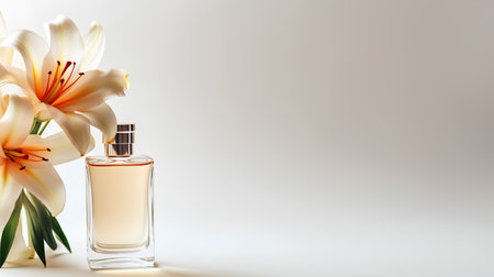 Perfume bottle with lily flowers on beige background.の素材