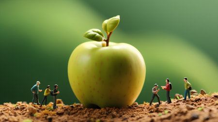 Miniature people : Farmers planting apple on soil with green background.の素材