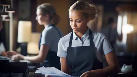 Waitress in a cafe. Blonde-haired waitress in apron is looking at menu in cafe.の素材
