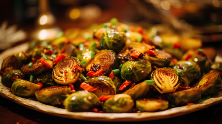 Plate with roasted Brussels sprouts and chili peppers. Selective focus.の素材