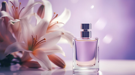 Perfume bottle with lily flowers on a violet background.の素材