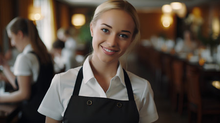 Portrait of a beautiful waitress in a restaurant, looking at cameraの素材
