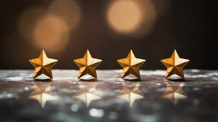 Five golden stars on a dark background with bokeh effect.の素材