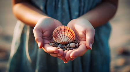 Closeup of a seashell in the hands of a child.の素材