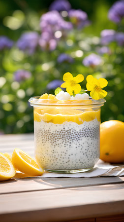 Chia seed pudding with lemon in a glass jar on the tableの素材
