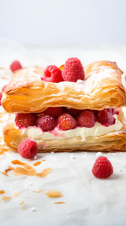 Puff pastry with raspberries and cream on a white backgroundの素材