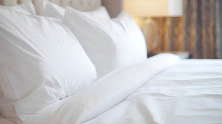 Closeup of white pillows on a bed in a hotel bedroomの素材