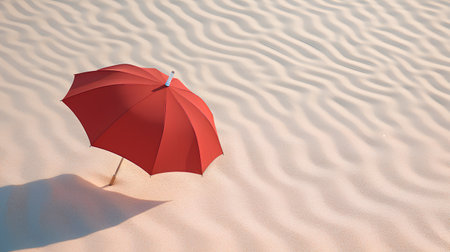 3d rendering of red umbrella on the beach with sand dunesの素材