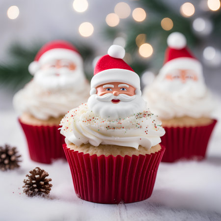 Christmas cupcakes with santa claus and christmas tree on backgroundの素材