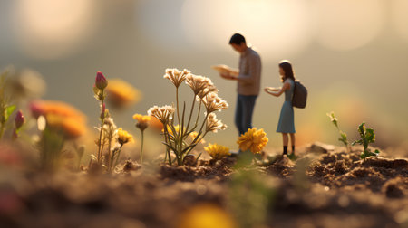 Miniature people : Couple standing on the ground with flower in the gardenの素材