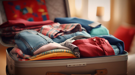 Open suitcase full of clothes, close-up. Vacation conceptの素材
