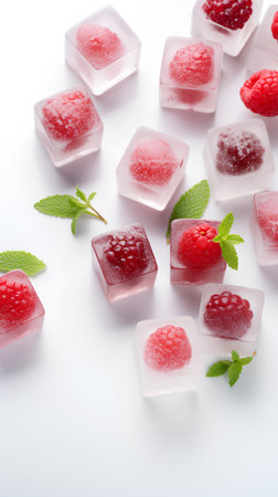 Ice cubes with raspberries and mint leaves on white background.の素材