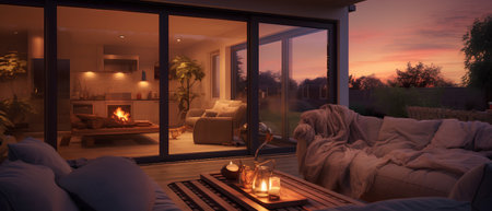 Interior of a cozy living room with a beautiful view of the garden. 3D rendering.の素材