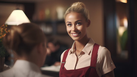 Portrait of a smiling waitress standing in a restaurant, looking at the camera.の素材