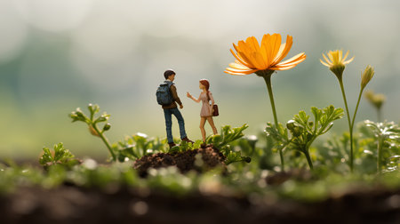 Miniature people : Couple standing on the grass with flower.の素材
