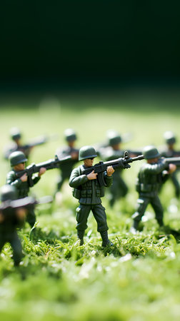 Miniature toy soldiers on green grass. Military and army concept.の素材