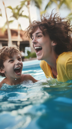 Portrait of happy mother and son having fun in swimming pool at resortの素材