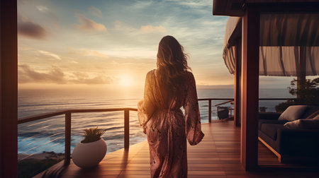 Beautiful young woman standing on the balcony and looking at the sunsetの素材